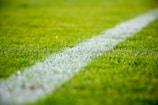 Close-up of a white line on green grass in a soccer field
