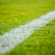 Close-up of a white line on green grass in a soccer field