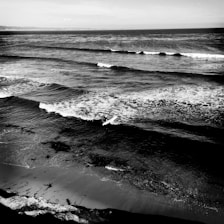 A monochrome photograph of a coastal scene capturing a lone surfer riding a wave near the shore. The ocean appears vast with gentle waves rolling towards the sandy beach. Seaweed is scattered along the shoreline, and a distant horizon is visible under an overcast sky.
