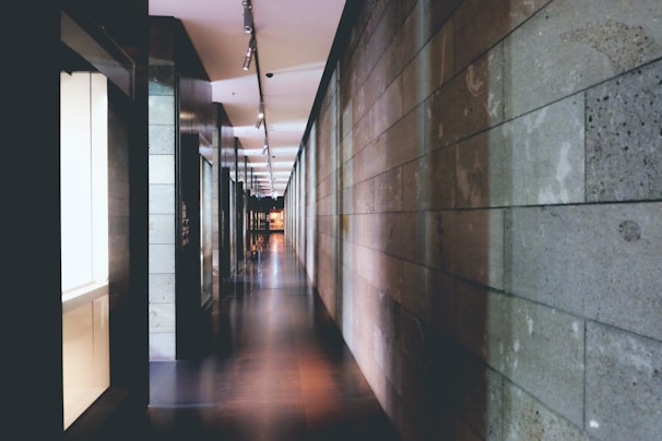 Bright hotel corridor with modern lighting