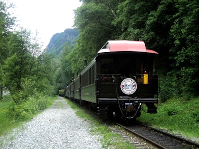 A vintage train travels along a narrow track flanked by lush green trees. The train’s rear car features a distinct red roof and a circular emblem indicating 'White Pass & Yukon Route'. The setting is a serene forested area with a gravel path paralleling the train tracks.