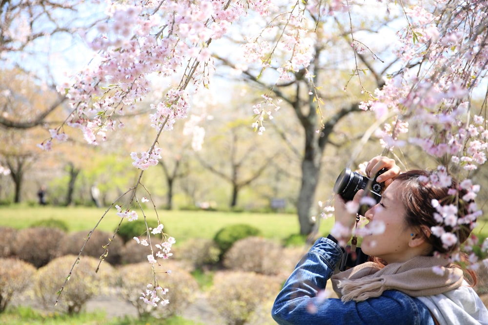 woman taking photo of white flowers