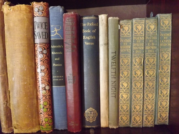 A collection of vintage and classic books of various sizes and colors are neatly lined up on a wooden shelf. The spines show titles such as 'Aristotle's Rhetoric and Poetics', 'Twelfth Night', and 'Poems by E.B. Browning'. The books vary in condition, indicating they are well-read and possibly valuable.