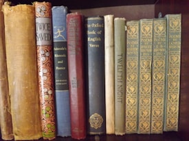 A collection of vintage and classic books of various sizes and colors are neatly lined up on a wooden shelf. The spines show titles such as 'Aristotle's Rhetoric and Poetics', 'Twelfth Night', and 'Poems by E.B. Browning'. The books vary in condition, indicating they are well-read and possibly valuable.