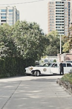 A vintage-style white limousine is parked on a quiet street, surrounded by greenery and with tall residential buildings in the background. A person in a suit stands next to the car, appearing to be engaged in some activity at the open car door.