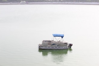 A pontoon boat with a blue canopy floats on a calm, light-green lake. The water is still, reflecting the overcast sky. The distant shoreline and trees are faintly visible in the background.