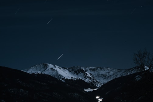 the night sky over a snowy mountain range