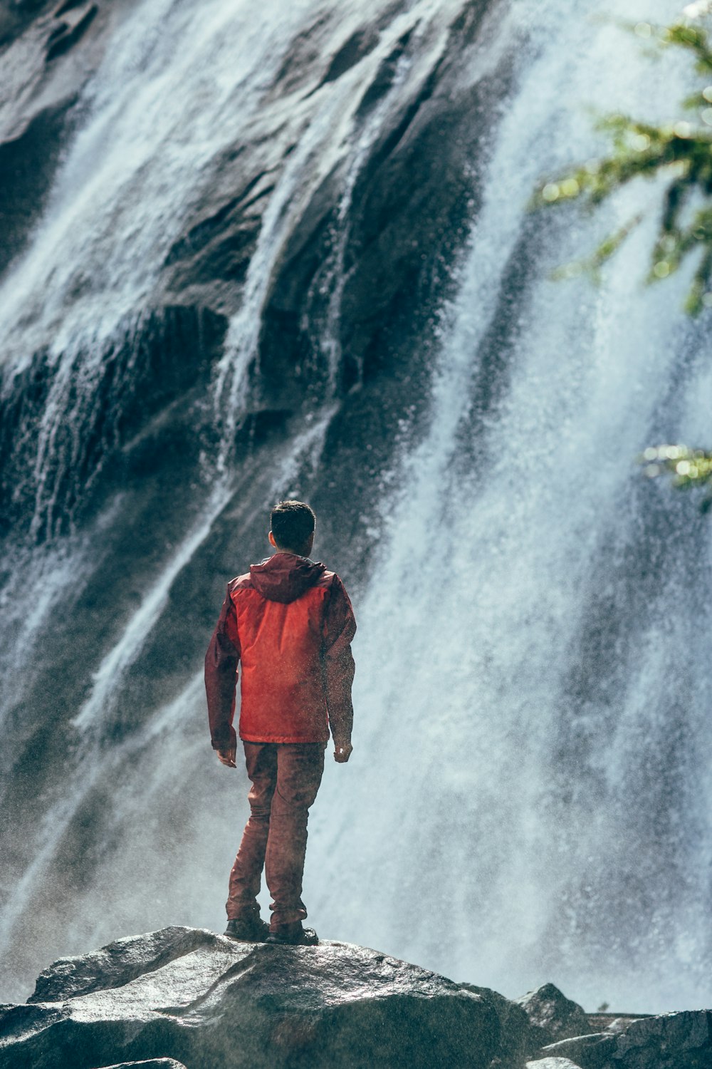 man standing on rock facing waterfall