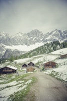 A rustic mountain village scene with several wooden cabins nestled in a lush, green landscape with patches of snow. The foreground features a dirt path leading up to the cabins, while majestic, snow-capped mountains rise in the background.