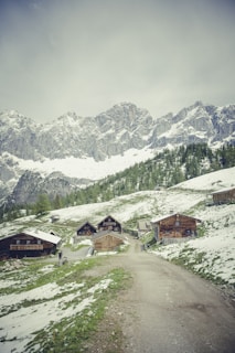 A rustic mountain village scene with several wooden cabins nestled in a lush, green landscape with patches of snow. The foreground features a dirt path leading up to the cabins, while majestic, snow-capped mountains rise in the background.
