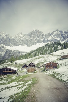 A rustic mountain village scene with several wooden cabins nestled in a lush, green landscape with patches of snow. The foreground features a dirt path leading up to the cabins, while majestic, snow-capped mountains rise in the background.