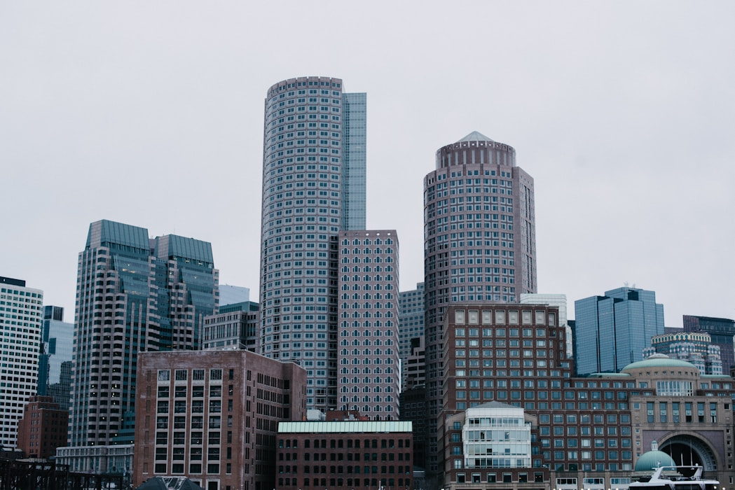 Glass office towers along a London financial street
