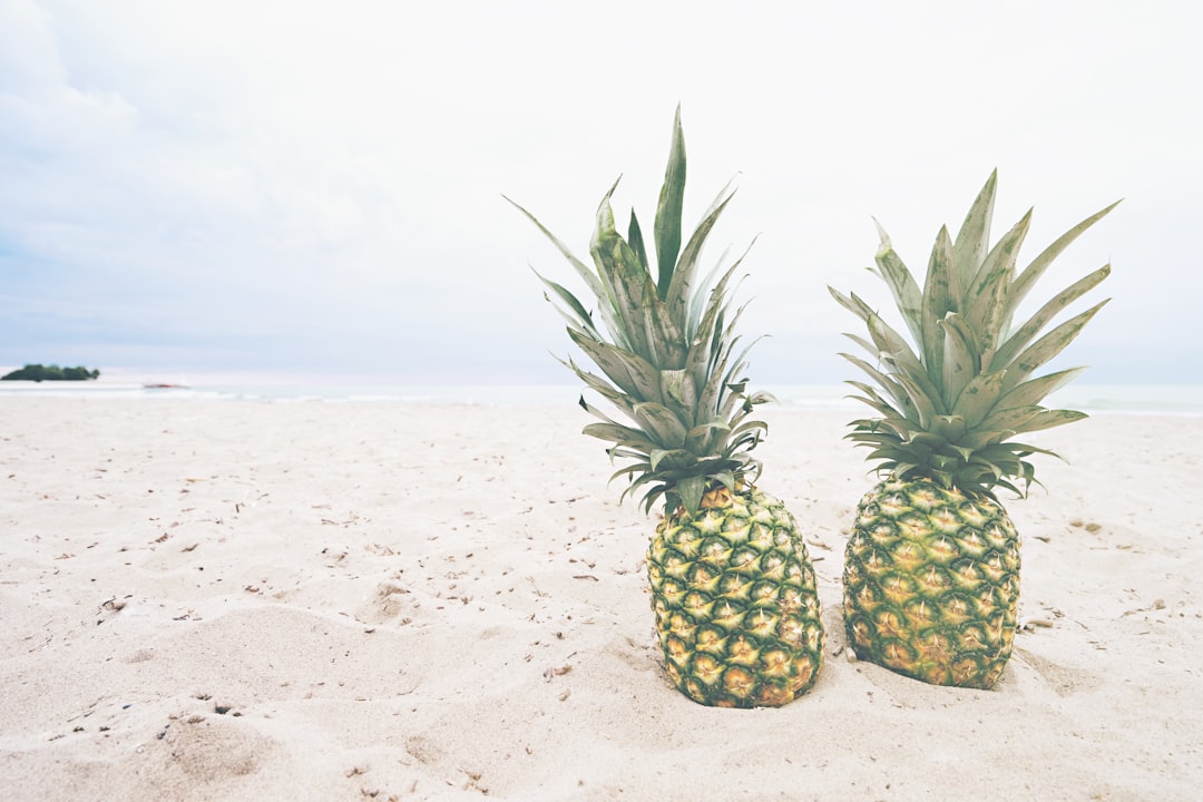 two pineapple fruits on sands, Check out https://pineapplesupply.co for more pineapple!