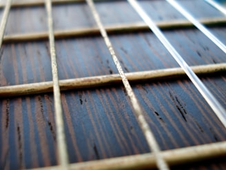 A close-up view of a guitar fretboard featuring metal frets and string lines on a wooden surface. The wood grain and textures are prominent, adding a rustic and tactile quality.