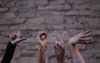 Several hands are forming the word 'LOVE' using sign language against a textured stone wall. Each hand is positioned to represent a different letter, with various wrist accessories visible.