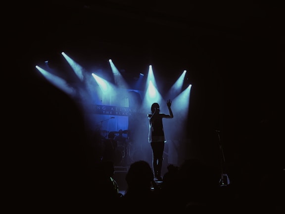 Artist silhouette against a backdrop of colorful lasers and fog on stage.