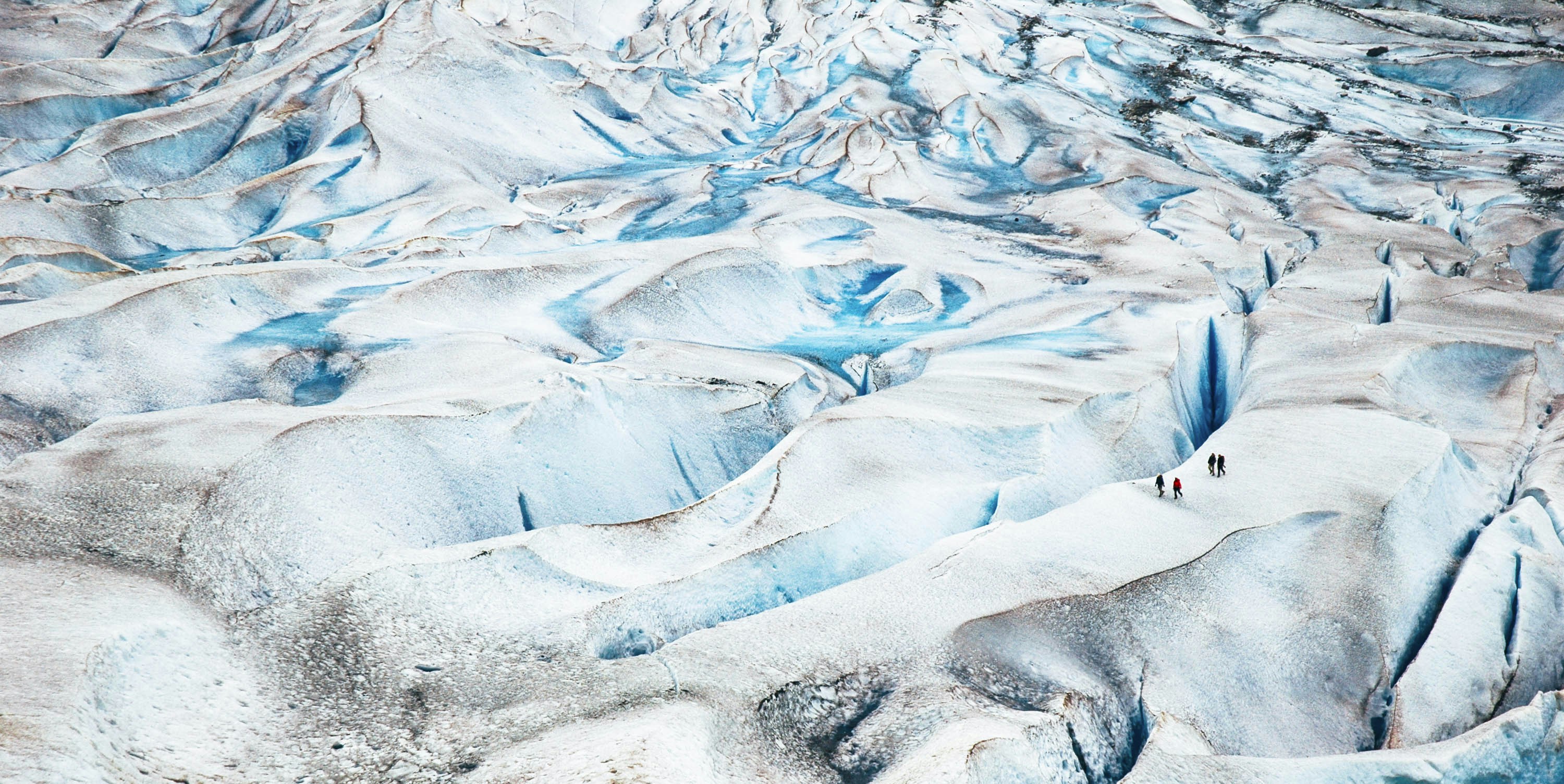white and teal Glacier, Hikers, Mendenhall Glacier crevasses