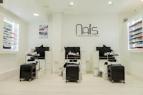 A tranquil manicure station with pastel colors and nail polish options.