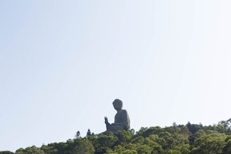 A large Buddha statue sits atop a lush, green forested hill against a pale blue sky. The position of the statue suggests a meditative or blessing gesture.