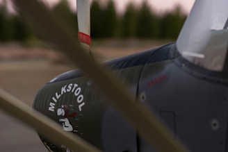 A close-up view of an aircraft's nose, featuring a painted character in a vintage style with the word 'MILKSTOOL' near it. The propeller blades are slightly out of focus in the foreground, and the fuselage displays a few visible rivets and markings. The background is blurred with a hint of trees, suggesting an airfield setting.