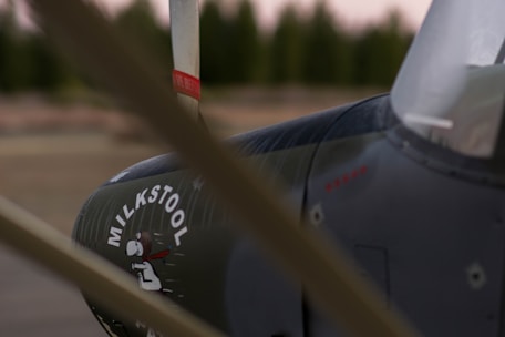 A close-up view of an aircraft's nose, featuring a painted character in a vintage style with the word 'MILKSTOOL' near it. The propeller blades are slightly out of focus in the foreground, and the fuselage displays a few visible rivets and markings. The background is blurred with a hint of trees, suggesting an airfield setting.