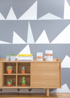 A minimalist wooden cabinet with open shelving and a sliding door is adorned with small potted succulents in orange pots. Books and decorative items, including two marble-like containers with leather straps, sit on top. The backdrop features a geometric wall design with white triangular shapes against a gray background.