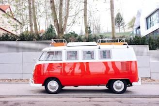 red and white van at the road