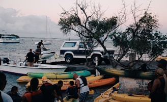 A coastal scene featuring a group of people gathered around several colorful kayaks floating near a dock. A blue and white truck is parked nearby with a tree partially covering it. Boats are on the water, and a jet ski is being maneuvered or worked on by a couple of individuals. A gentle sea breeze appears to be present, and a subtle sunset glow can be seen in the sky.