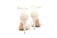 Two elegant, high-heeled shoes seen from the back, featuring an intricate design with sparkling embellishments. The shoes are a light beige or nude color and have ankle straps with small buckles.