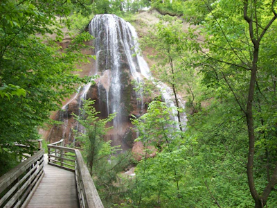 A peaceful waterfall surrounded by lush greenery, inviting calm and adventure.