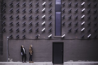 two women facing security camera above mounted on structure