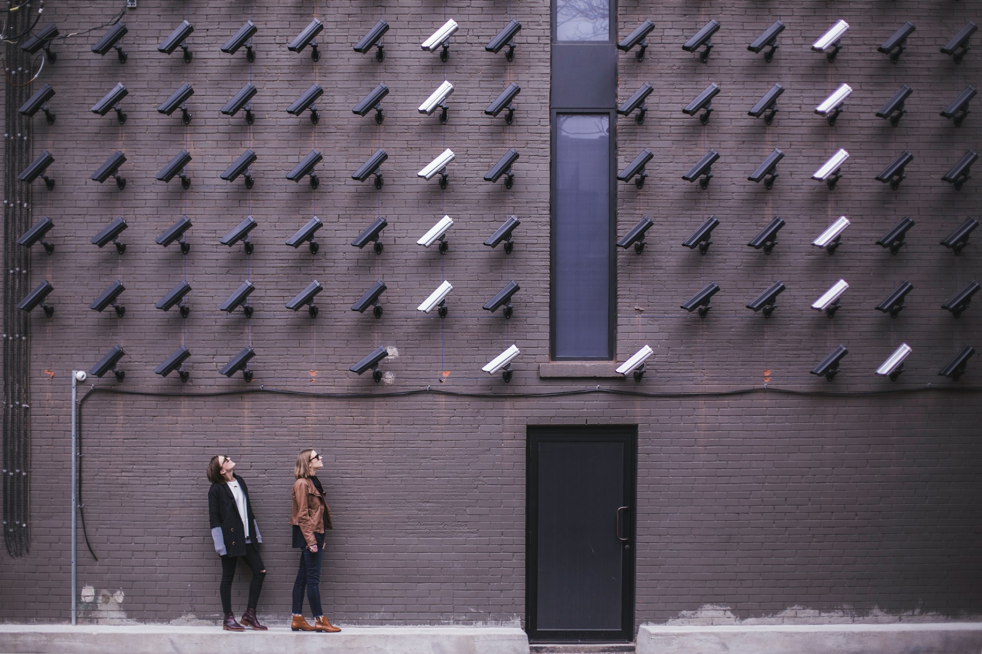 Women look at security cameras