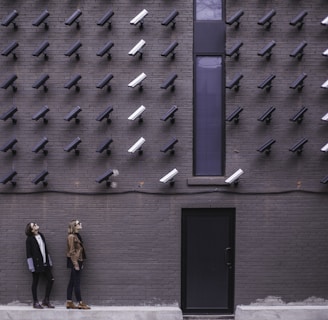 two women facing security camera above mounted on structure