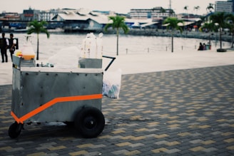 An urban outdoor scene featuring a metal food cart with an orange stripe, positioned on a paved walkway with a view of water and city buildings in the background. There are palm trees lining the water's edge, and a couple of people can be seen walking in the distance.
