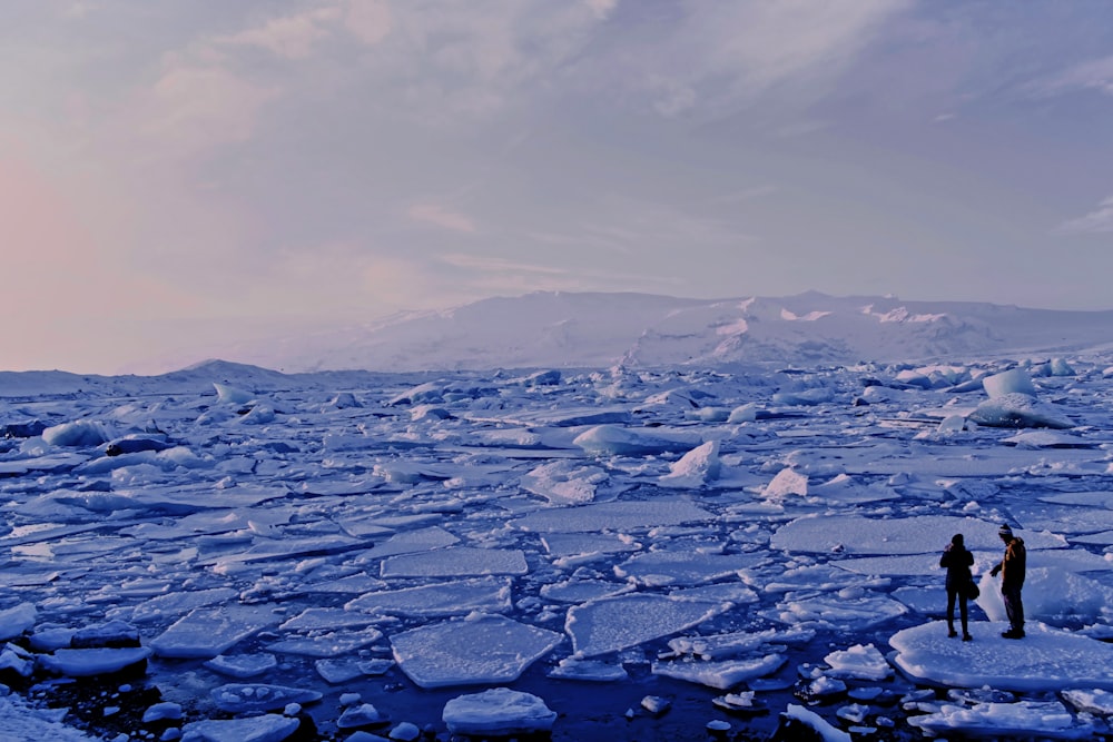 man and woman standing cracked sea ice under gray sky