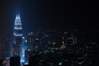 Nighttime cityscape highlighting a signature building illuminated against the dark sky