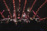 A reggae band performing live with colorful lights and an enthusiastic crowd.