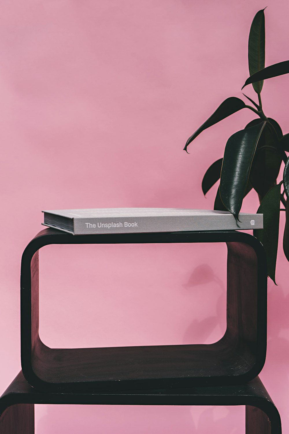 A cube shelf with a book on top, next to an indoor plant.