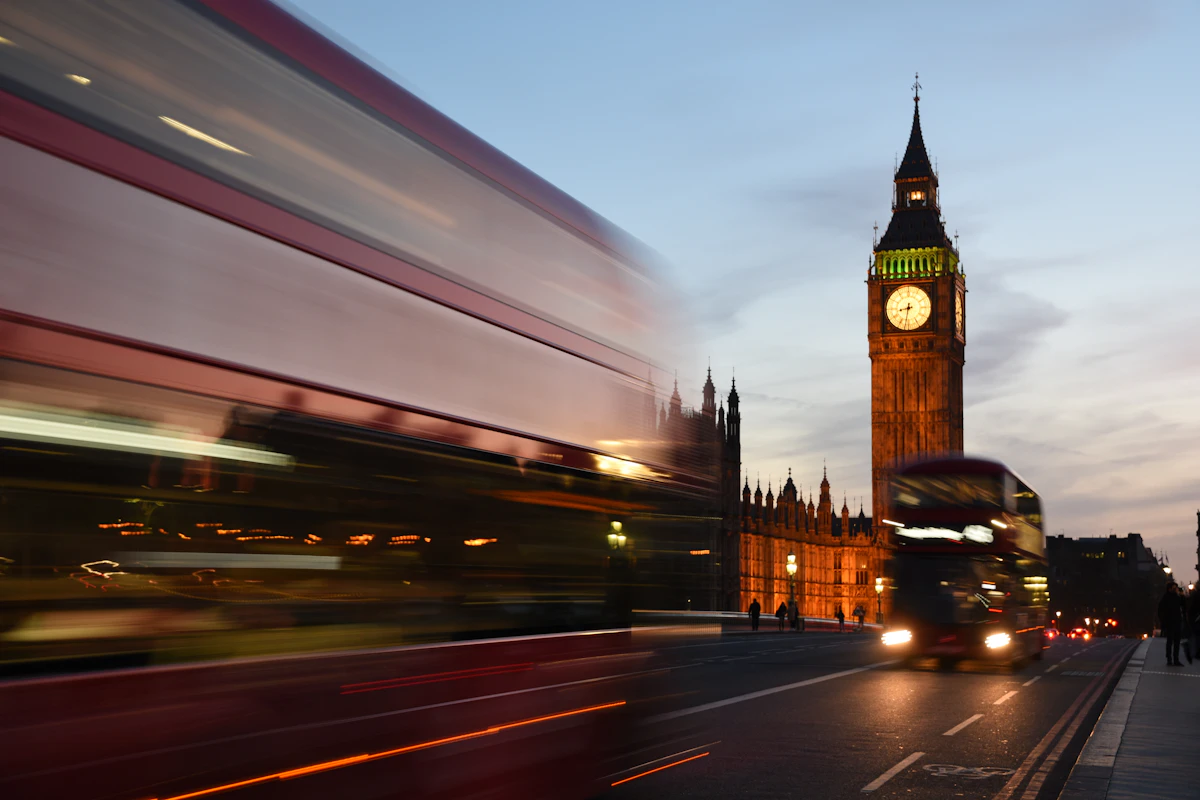 London city traffic with Big Ben and the Houses of Parliament in the background