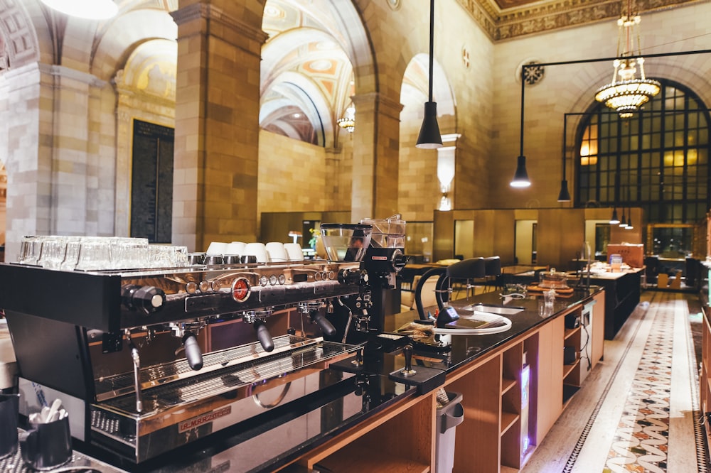 commercial espresso machine on wooden countertop