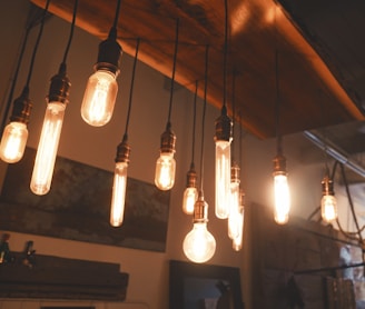 photo of edison light bulbs hang on ceiling