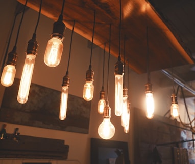 photo of edison light bulbs hang on ceiling