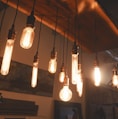 photo of edison light bulbs hang on ceiling