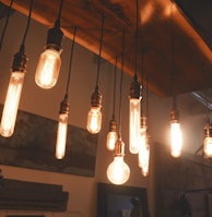 photo of edison light bulbs hang on ceiling