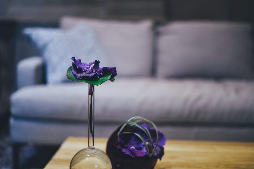 透明なガラスの花瓶に紫色の花びらの花