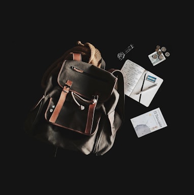 black and brown backpack with black nackground