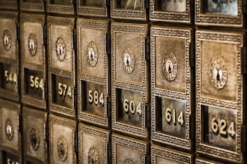 Numbers on metal deposit boxes in a bank