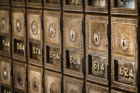 Numbers on metal deposit boxes in a bank