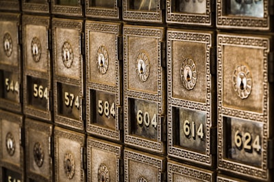 Numbers on metal deposit boxes in a bank