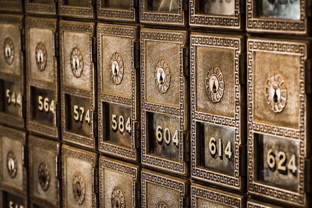  numbers on metal deposit boxes in a bank safe